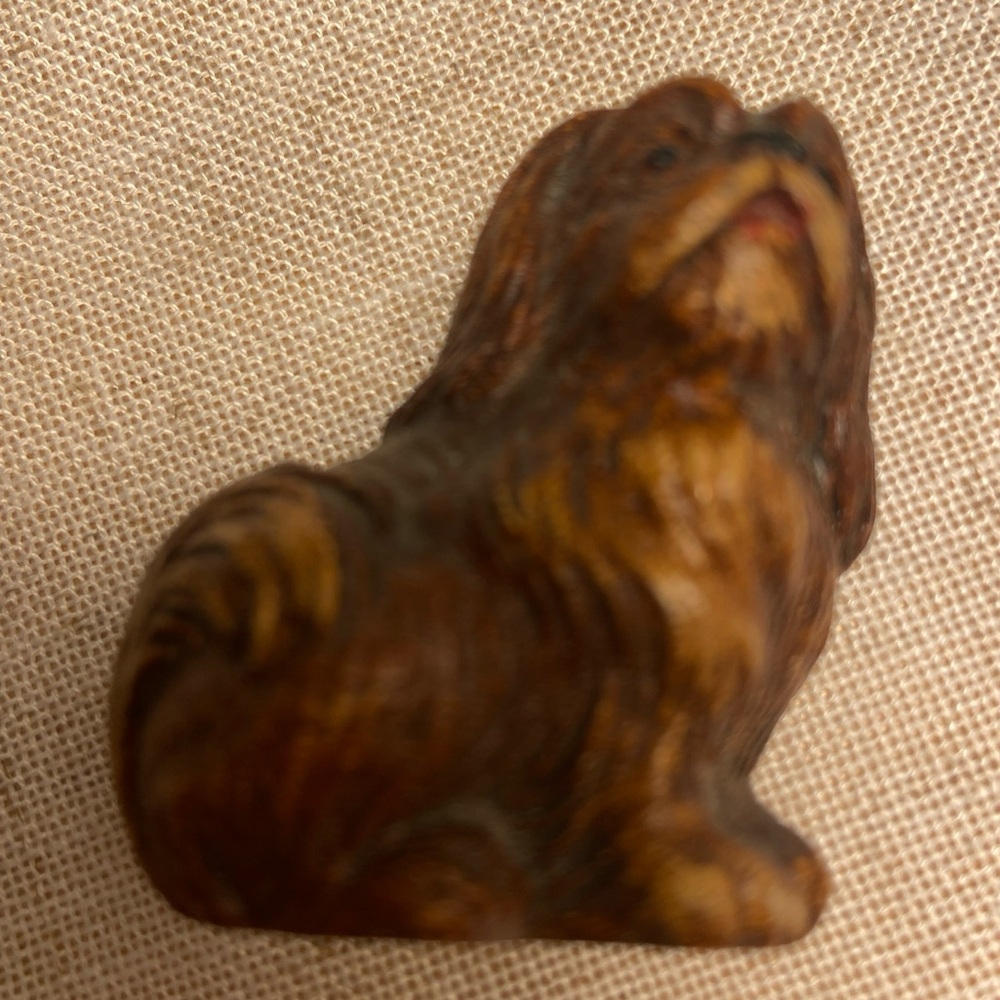 Vintage dog mini figurine wood carved look Pekingese sitting dog miniature